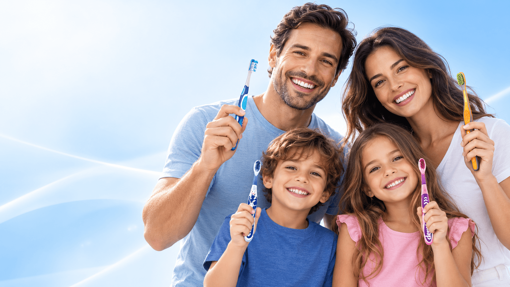 Família sorrindo e segurando escovas dentais Dentfresh